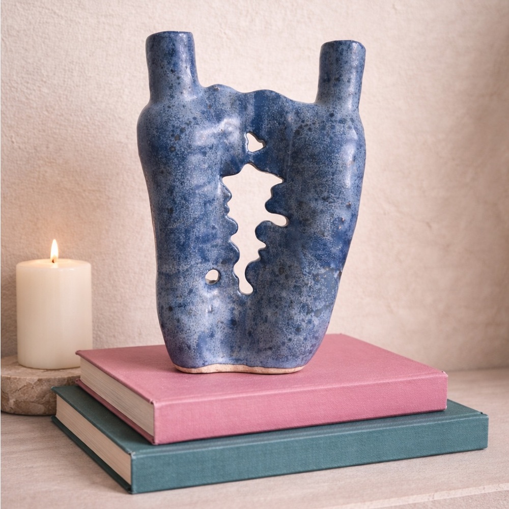 Handmade Blue Ceramic Sculptural Vase | Modern Art Decor